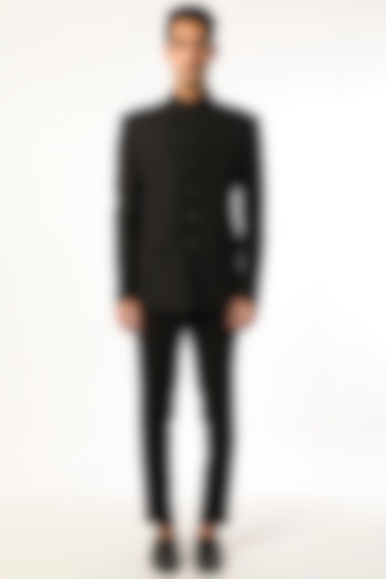Black Viscose Wool Bandhgala Set by Qbik Men