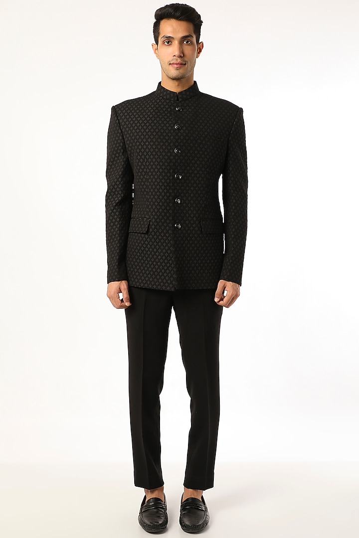 Black Viscose Wool Bandhgala Set by Qbik Men