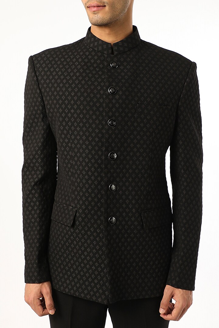 Black Viscose Wool Wedding Bandhgala Set by Qbik Men at Pernia's Pop Up Shop