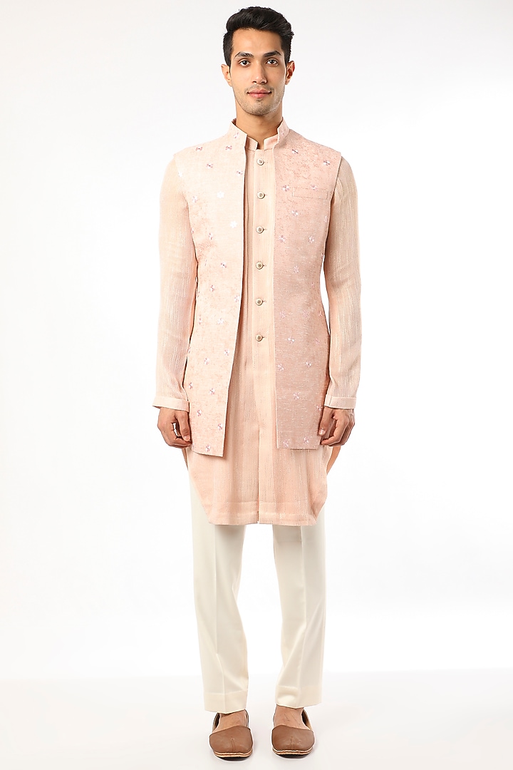 Blush Pink Embroidered Kurta Set With Indo-Western Jacket by Qbik Men at Pernia's Pop Up Shop