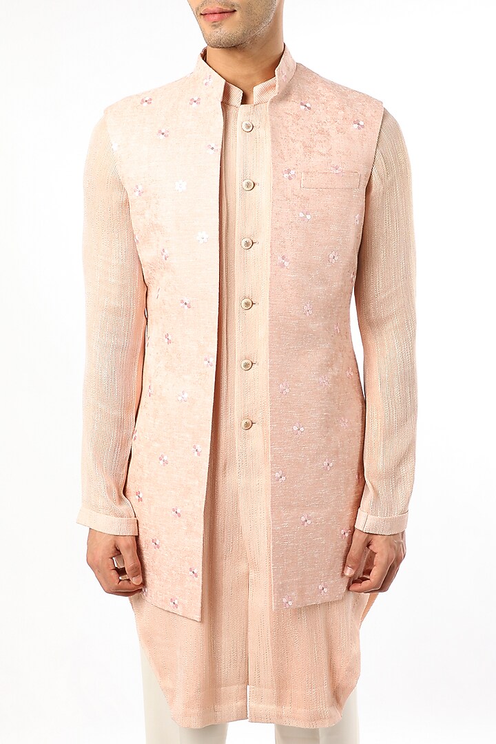 Blush Pink Embroidered Kurta Set With Indo-Western Jacket by Qbik Men at Pernia's Pop Up Shop