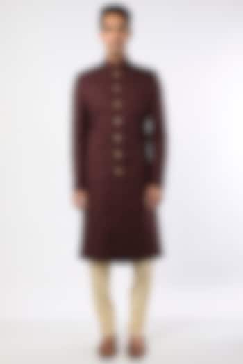 Maroon Viscose Wool Sherwani Set by Qbik Men