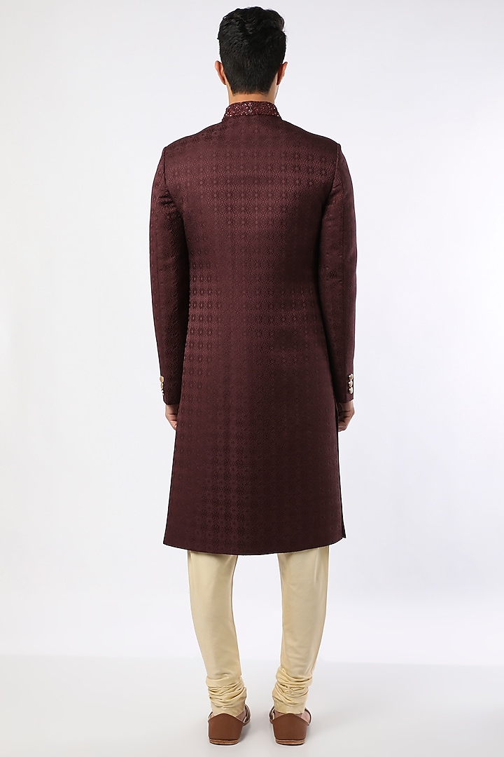Maroon Viscose Wool Wedding Sherwani Set by Qbik Men at Pernia's Pop Up Shop