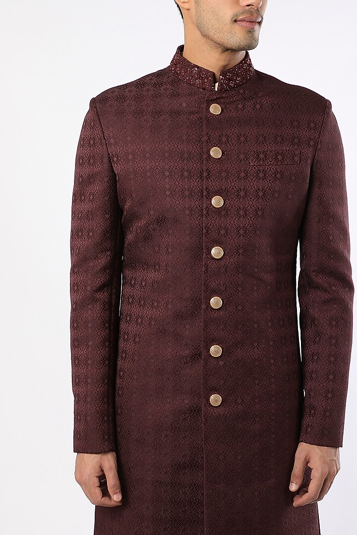 Maroon Viscose Wool Wedding Sherwani Set by Qbik Men at Pernia's Pop Up Shop