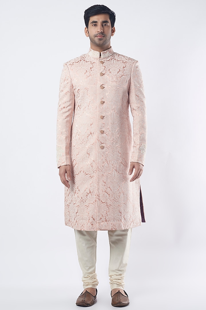 Blush Pink Jacquard Wedding Sherwani Set by Qbik Men at Pernia's Pop Up Shop