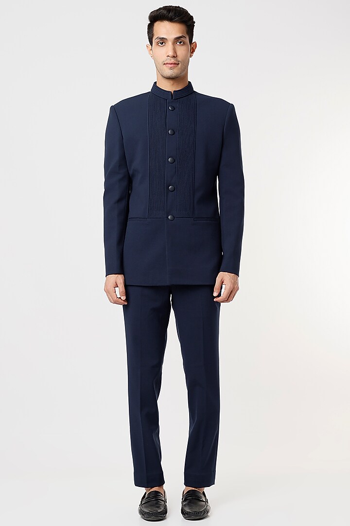 Midnight Blue Viscose Wool Wedding Bandhgala Set by Qbik Men at Pernia's Pop Up Shop