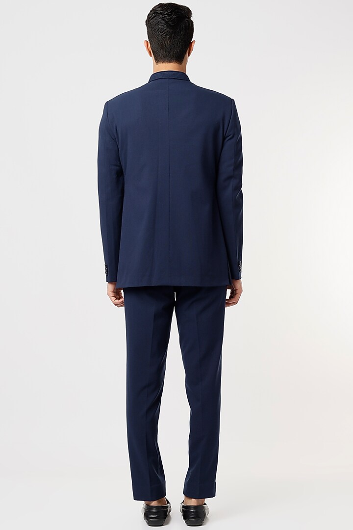 Midnight Blue Viscose Wool Wedding Bandhgala Set by Qbik Men at Pernia's Pop Up Shop
