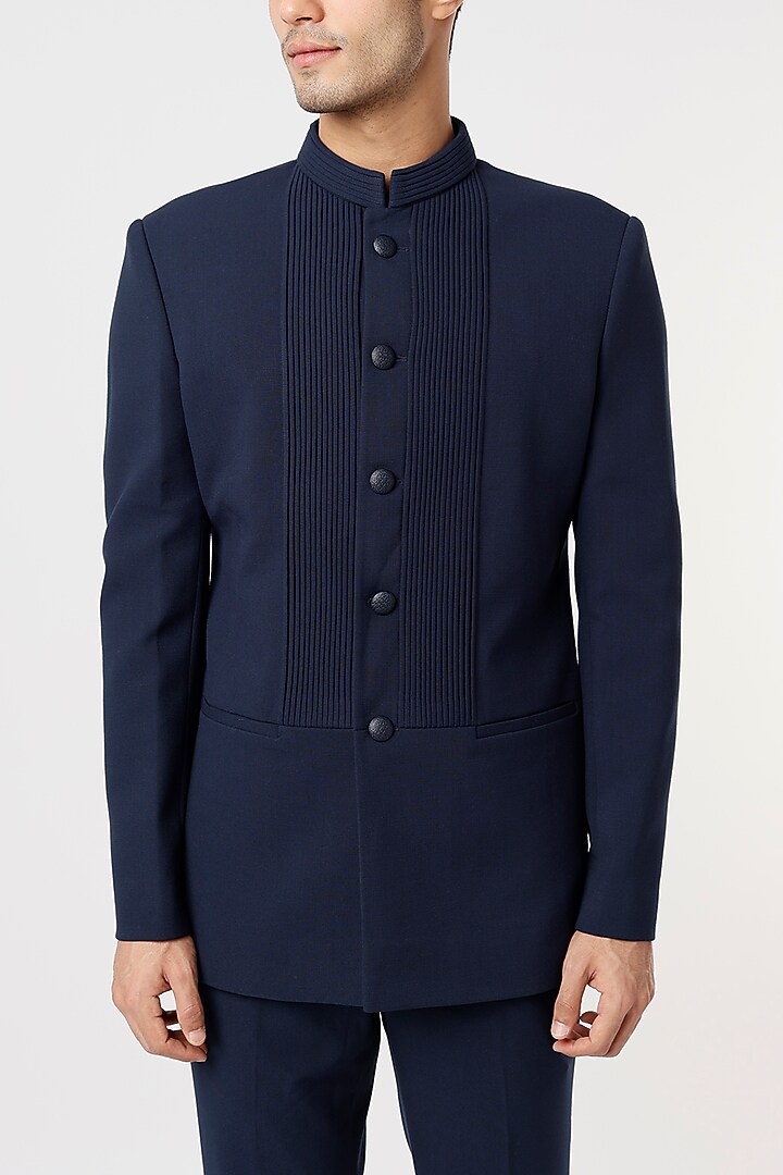 Midnight Blue Viscose Wool Wedding Bandhgala Set by Qbik Men at Pernia's Pop Up Shop
