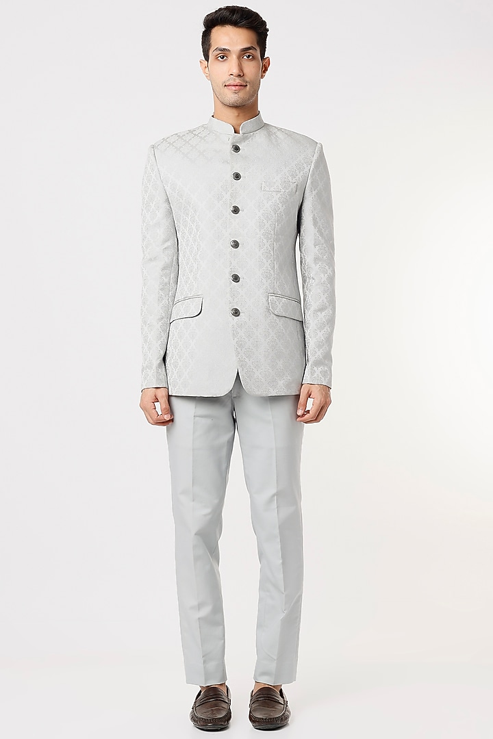 Grey Viscose Wool Wedding Bandhgala Set by Qbik Men at Pernia's Pop Up Shop