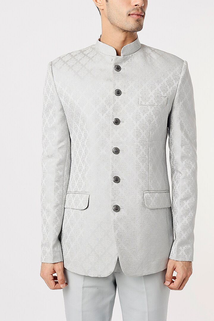 Grey Viscose Wool Wedding Bandhgala Set by Qbik Men at Pernia's Pop Up Shop