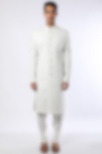 White Matka Silk Sherwani Set by Qbik Men