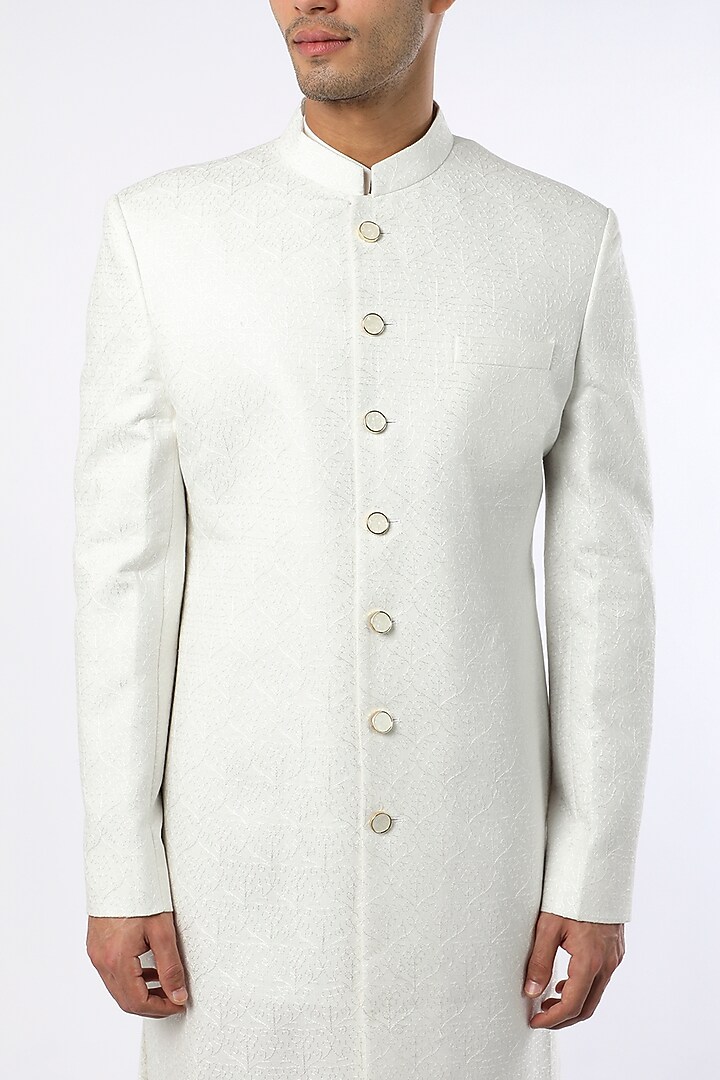 White Matka Silk Wedding Sherwani Set by Qbik Men at Pernia's Pop Up Shop