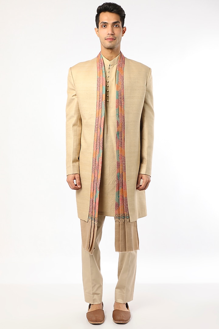 Beige Matka Silk Indo Western Set by Qbik Men