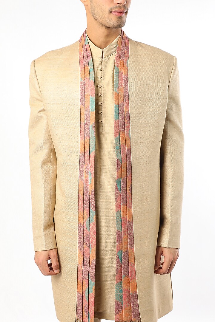 Beige Matka Silk Indo Western Set by Qbik Men at Pernia's Pop Up Shop