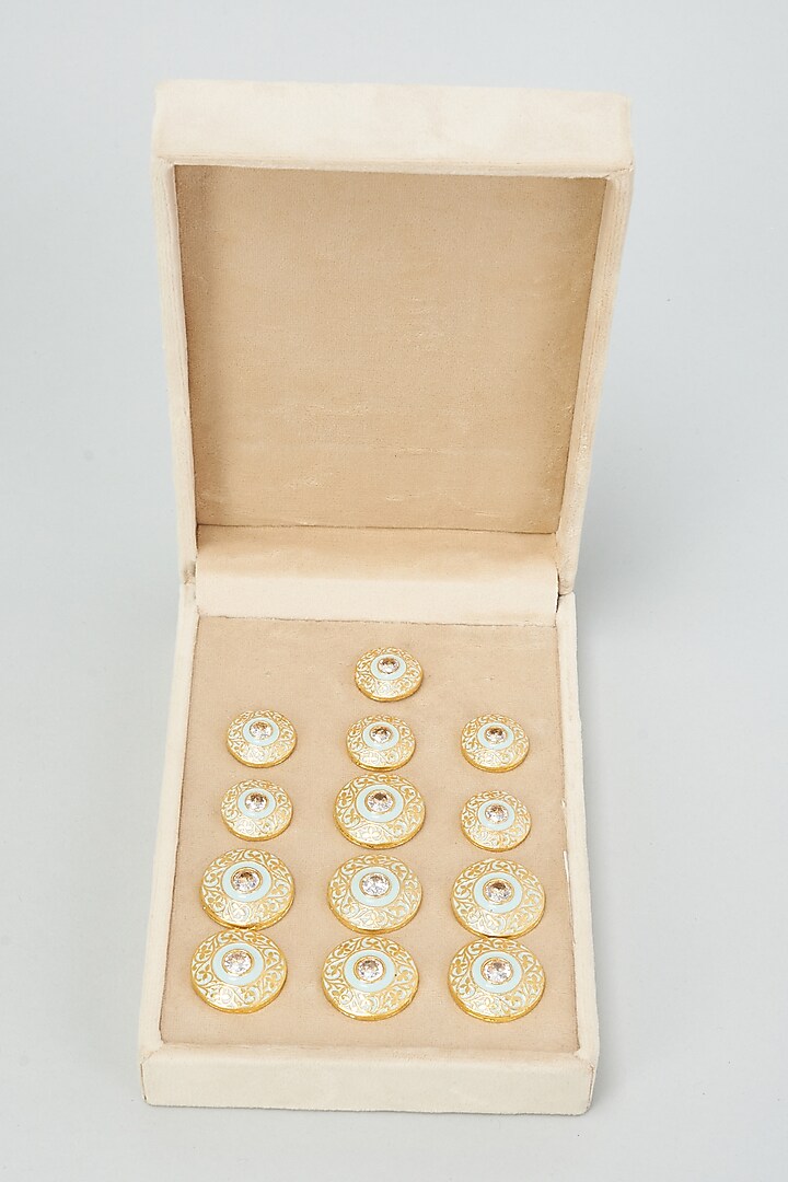 Mint Green & Gold Meenakari Buttons (Set of 13) by Qbik Men at Pernia's Pop Up Shop