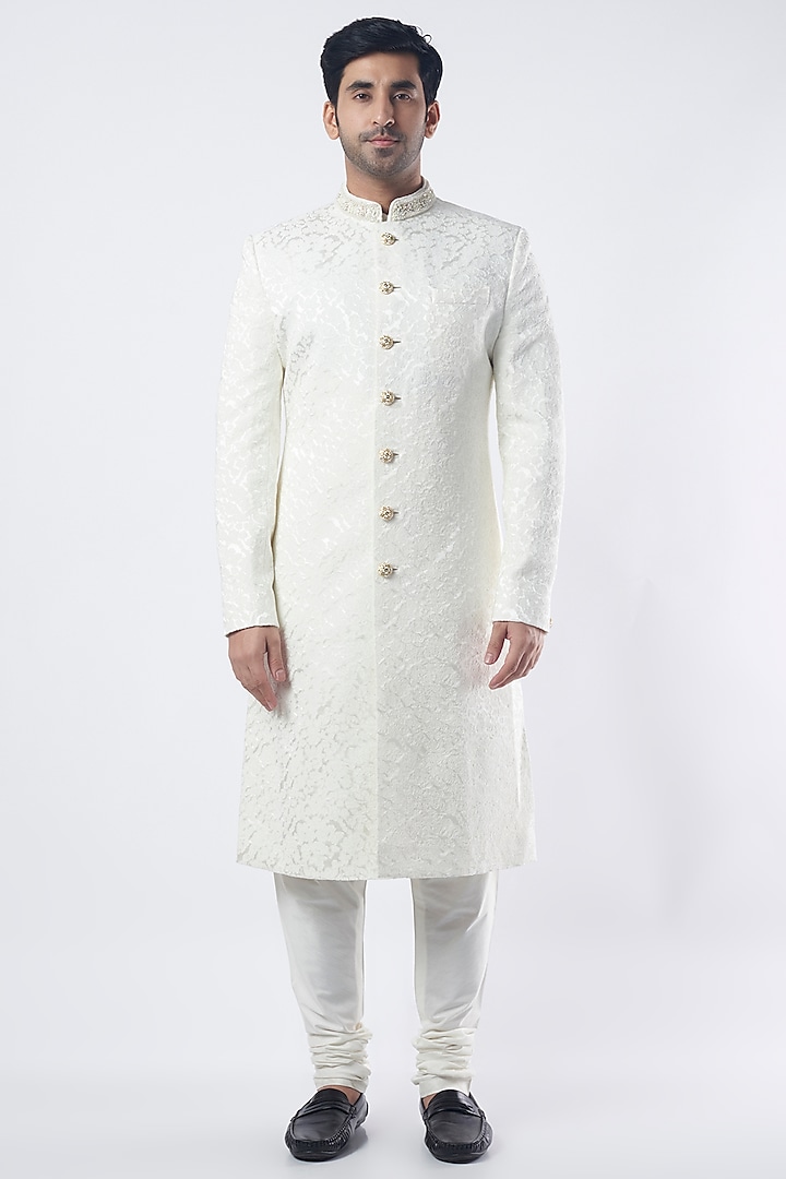 White Jacquard Sherwani Set by Qbik Men
