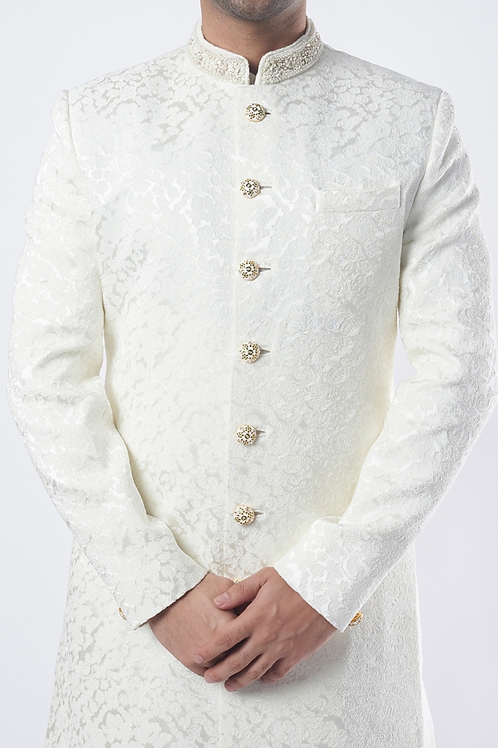 White Jacquard Groom Sherwani Set by Qbik Men at Pernia's Pop Up Shop