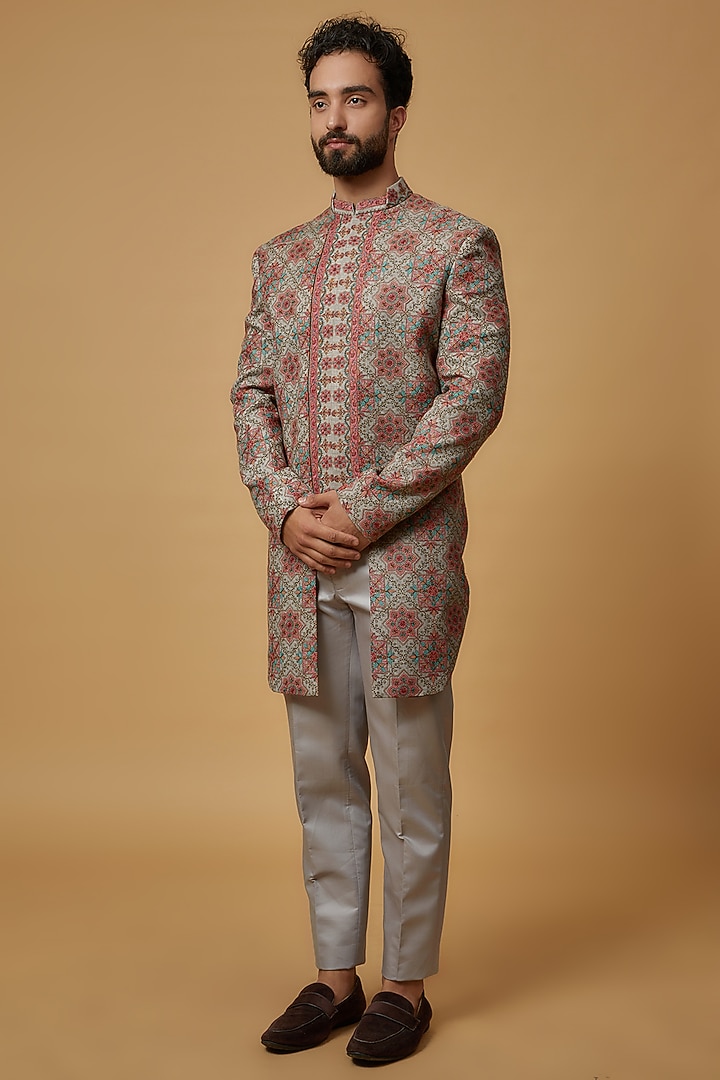 Pink & Grey Bamboo Silk Indo-Western Set by Qbik Men at Pernia's Pop Up Shop