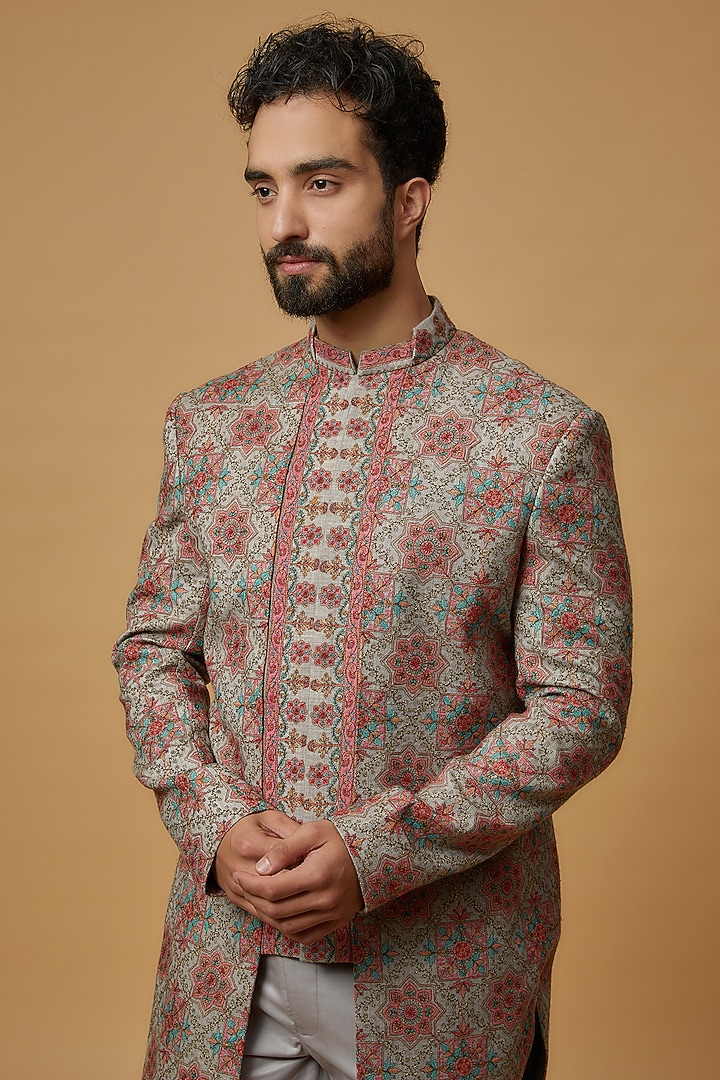 Pink & Grey Bamboo Silk Indo-Western Set by Qbik Men at Pernia's Pop Up Shop