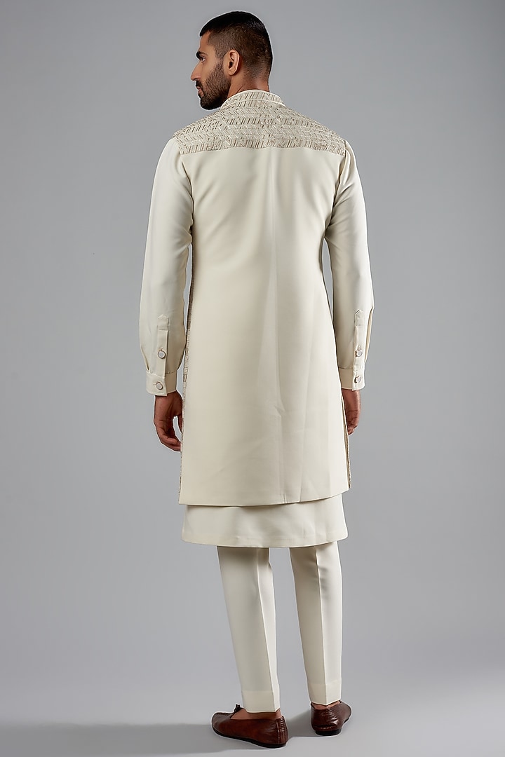Cream Viscose Wool Embroidered Wedding Indowestern Set by Qbik Men at Pernia's Pop Up Shop