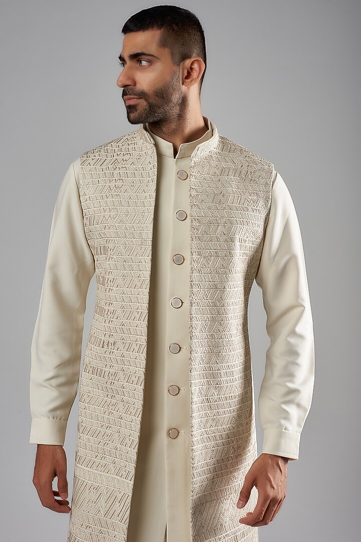 Cream Viscose Wool Embroidered Wedding Indowestern Set by Qbik Men at Pernia's Pop Up Shop