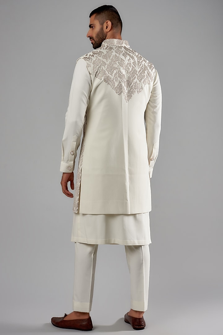 Cream Viscose Wool Embroidered Wedding Indowestern Set by Qbik Men at Pernia's Pop Up Shop