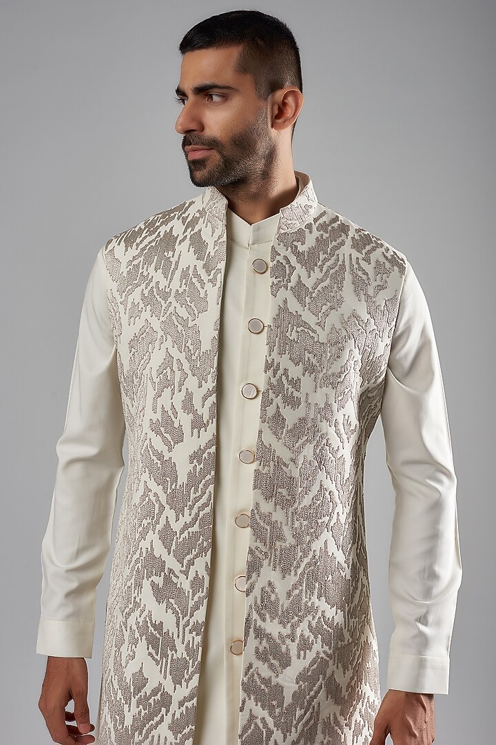 Cream Viscose Wool Embroidered Wedding Indowestern Set by Qbik Men at Pernia's Pop Up Shop