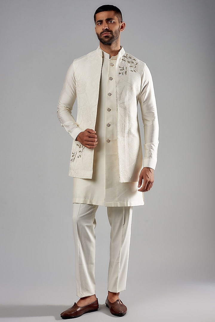 Ivory Viscose Wool & Jacquard Embroidered Indowestern Set by Qbik Men