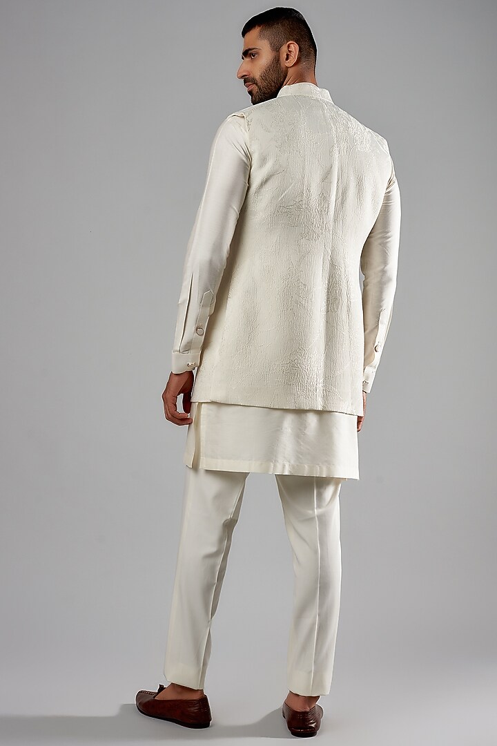 Ivory Viscose Wool & Jacquard Embroidered Wedding Indowestern Set by Qbik Men at Pernia's Pop Up Shop