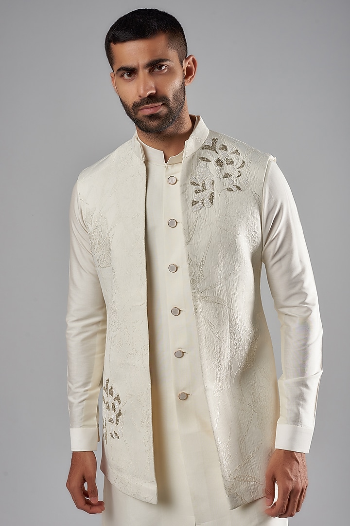 Ivory Viscose Wool & Jacquard Embroidered Wedding Indowestern Set by Qbik Men at Pernia's Pop Up Shop