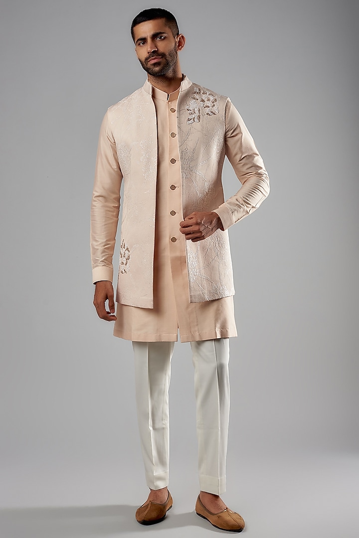 Blush Pink Viscose Wool & Jacquard Embroidered Indowestern Set by Qbik Men