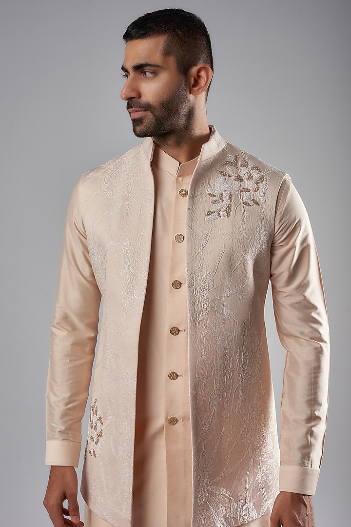 Blush Pink Viscose Wool & Jacquard Embroidered Wedding Indowestern Set by Qbik Men at Pernia's Pop Up Shop