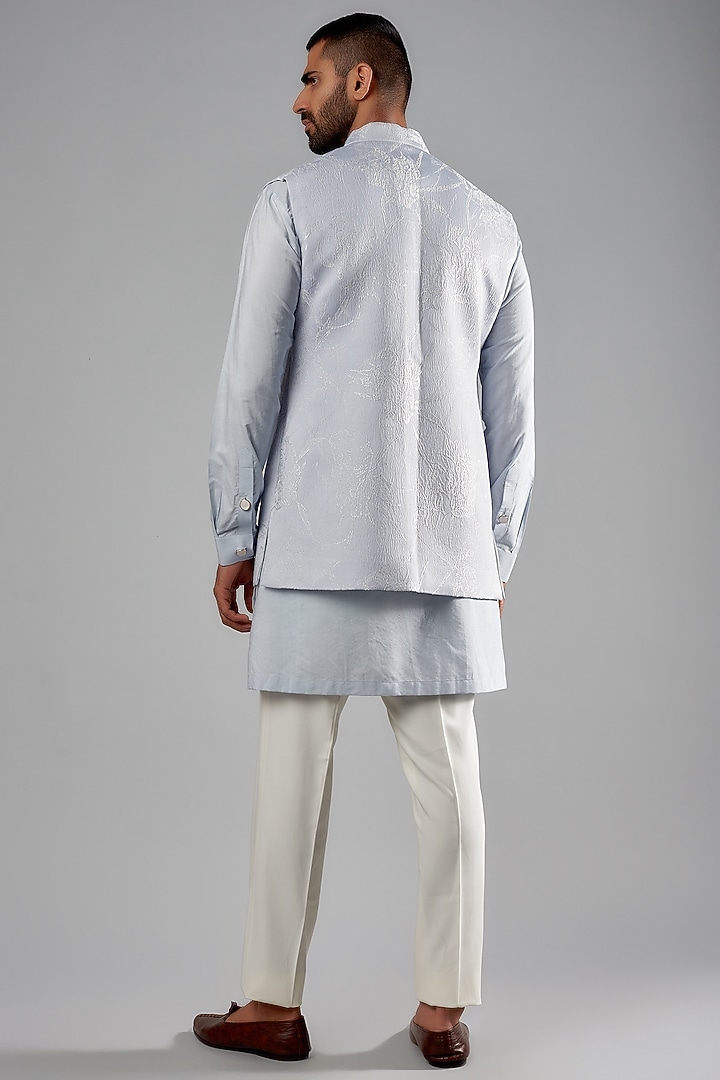 Powder Blue Viscose Wool & Jacquard Embroidered Wedding Indowestern Set by Qbik Men at Pernia's Pop Up Shop