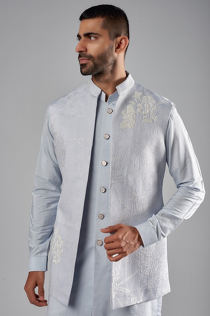 Powder Blue Viscose Wool & Jacquard Embroidered Wedding Indowestern Set by Qbik Men at Pernia's Pop Up Shop