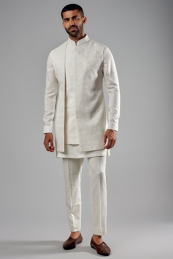 Ivory Silk Embroidered Indowestern Jacket Set by Qbik Men