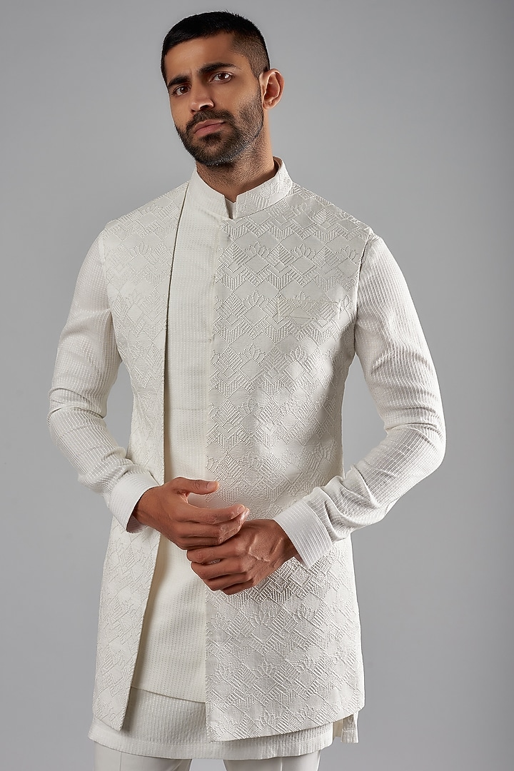 Ivory Silk Embroidered Wedding Indowestern Jacket Set by Qbik Men at Pernia's Pop Up Shop