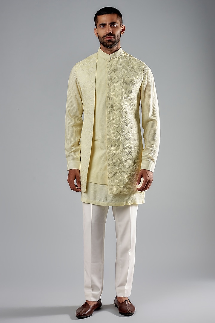 Lime Yellow Silk Embroidered Indowestern Jacket Set by Qbik Men