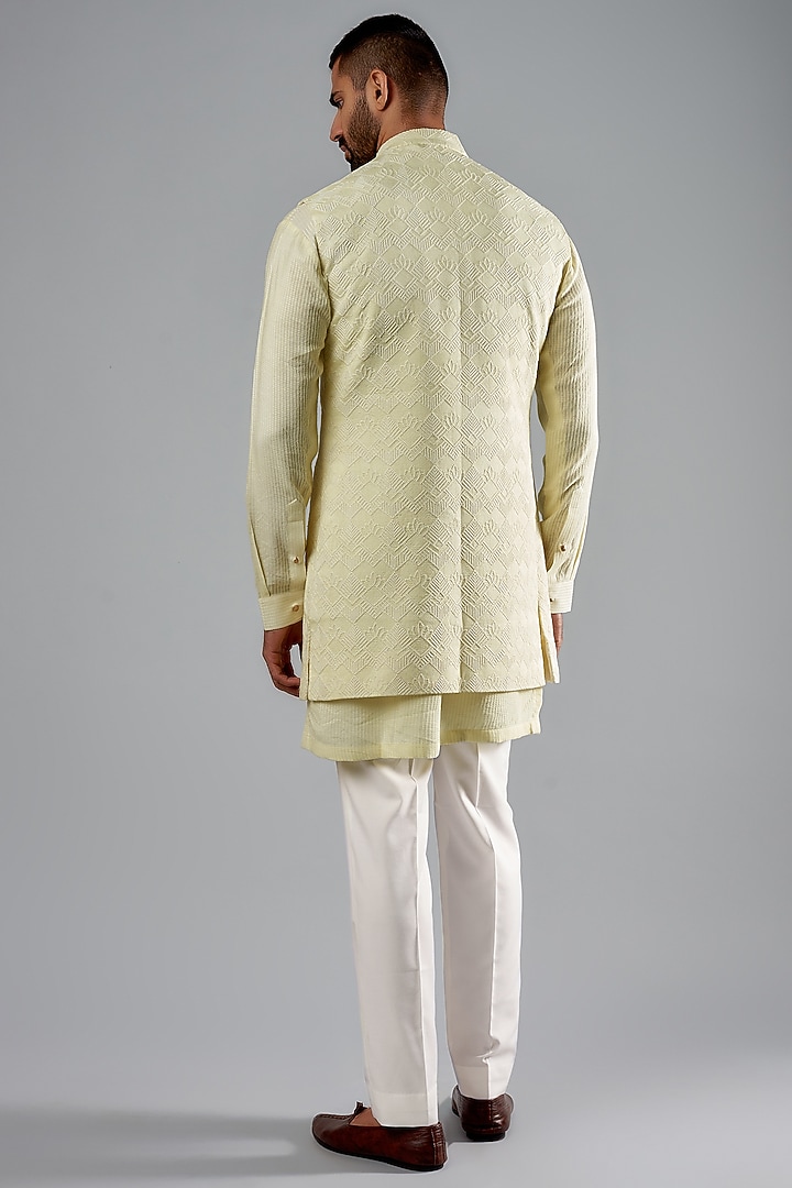 Lime Yellow Silk Embroidered Wedding Indowestern Jacket Set by Qbik Men at Pernia's Pop Up Shop
