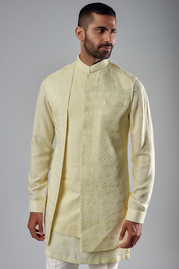 Lime Yellow Silk Embroidered Wedding Indowestern Jacket Set by Qbik Men at Pernia's Pop Up Shop