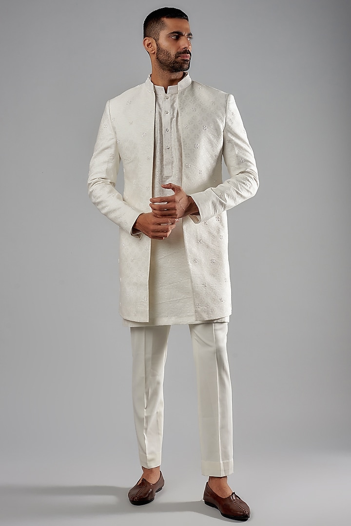Ivory Cotton Jacquard Embroidered Indowestern Set by Qbik Men
