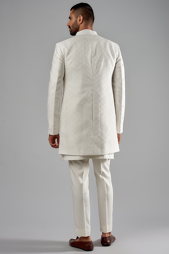 Ivory Cotton Jacquard Embroidered Wedding Indowestern Set by Qbik Men at Pernia's Pop Up Shop