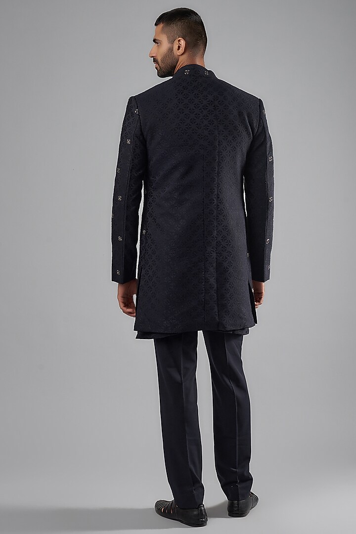 Navy Blue Cotton Jacquard Embroidered Wedding Indowestern Set by Qbik Men at Pernia's Pop Up Shop
