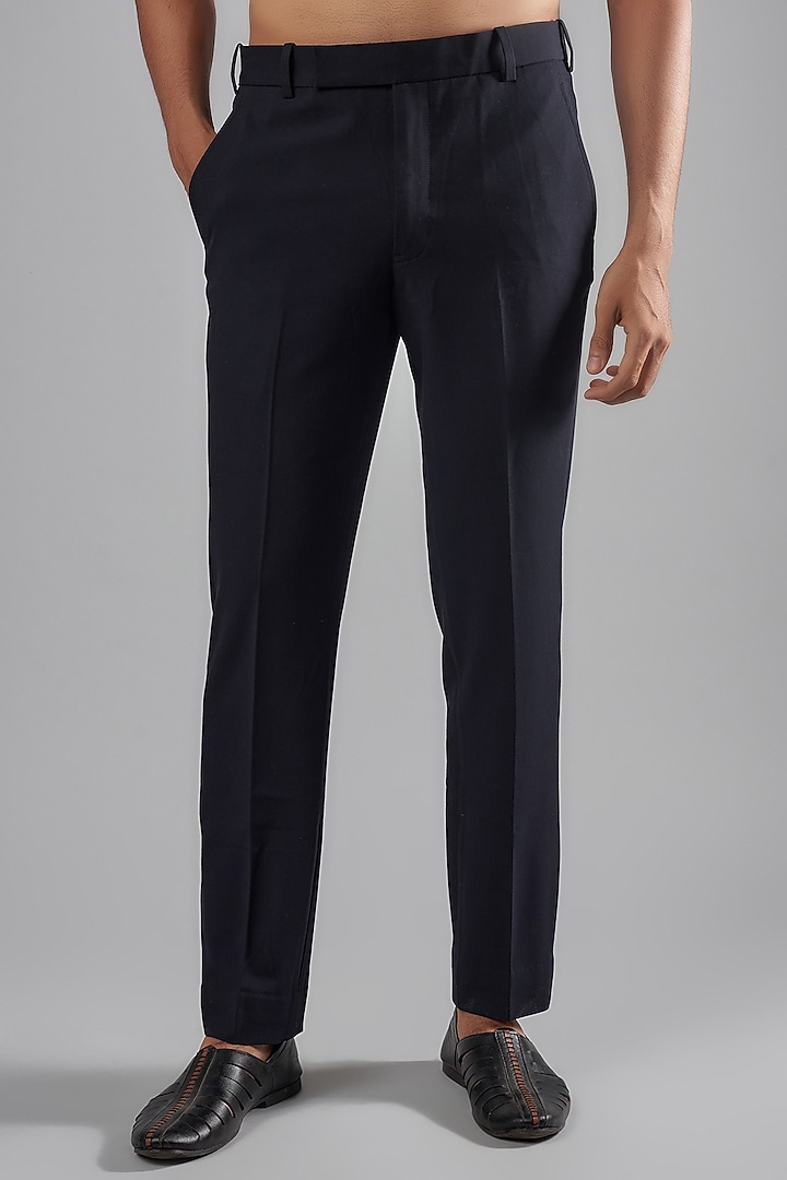 Navy Blue Cotton Jacquard Embroidered Wedding Indowestern Set by Qbik Men at Pernia's Pop Up Shop