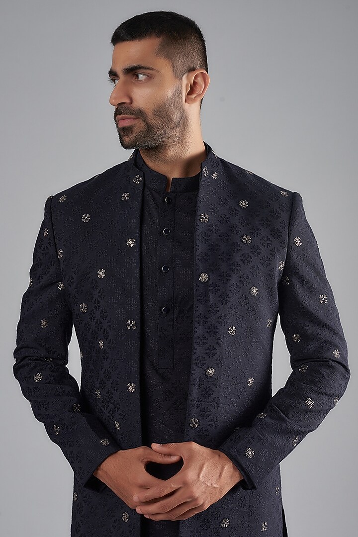 Navy Blue Cotton Jacquard Embroidered Wedding Indowestern Set by Qbik Men at Pernia's Pop Up Shop