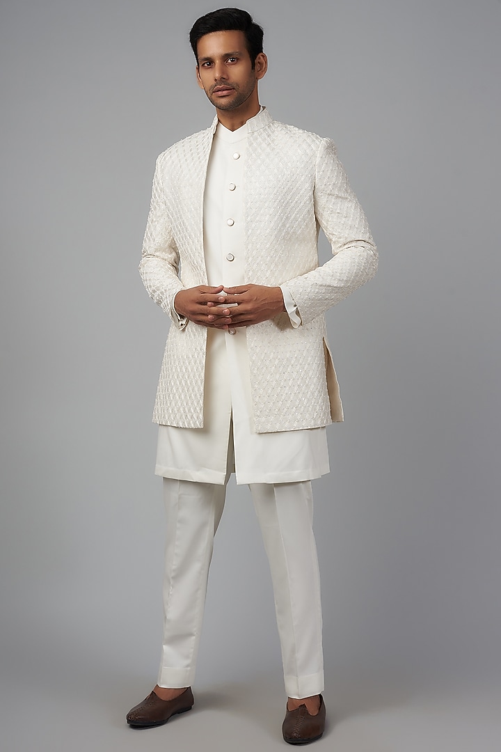 Ivory Silk Embellished Groom Indowestern Set by Qbik Men at Pernia's Pop Up Shop