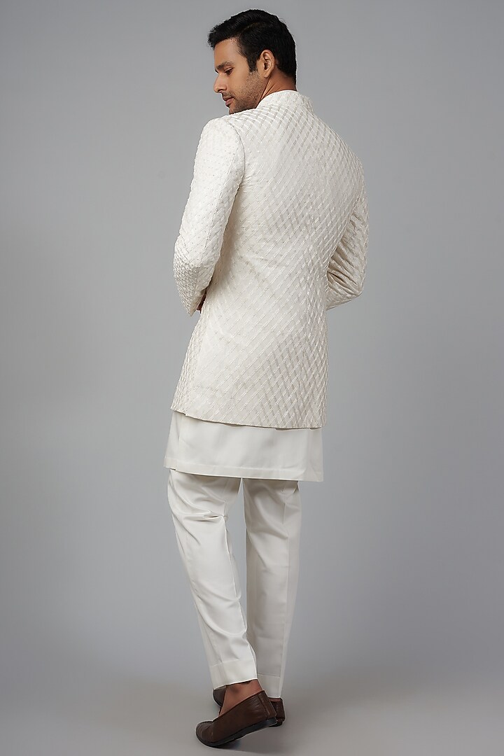 Ivory Silk Embellished Groom Indowestern Set by Qbik Men at Pernia's Pop Up Shop