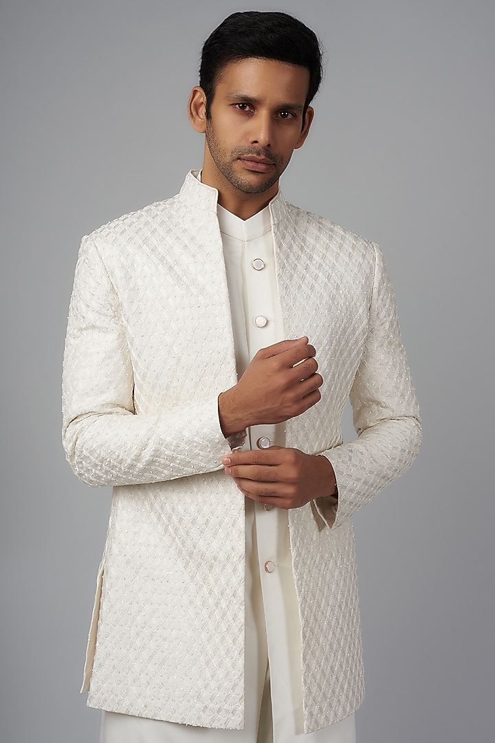 Ivory Silk Embellished Groom Indowestern Set by Qbik Men at Pernia's Pop Up Shop