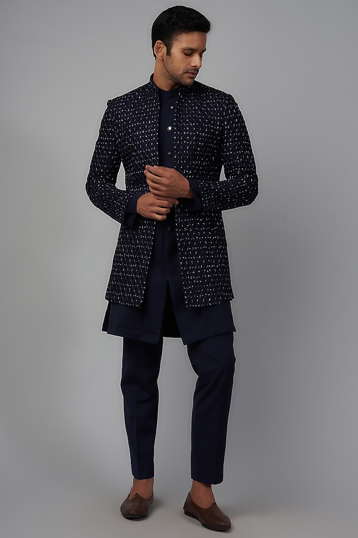 Blue Silk Embellished Groom Indowestern Set by Qbik Men at Pernia's Pop Up Shop