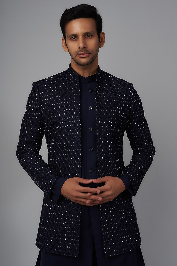 Blue Silk Embellished Groom Indowestern Set by Qbik Men at Pernia's Pop Up Shop