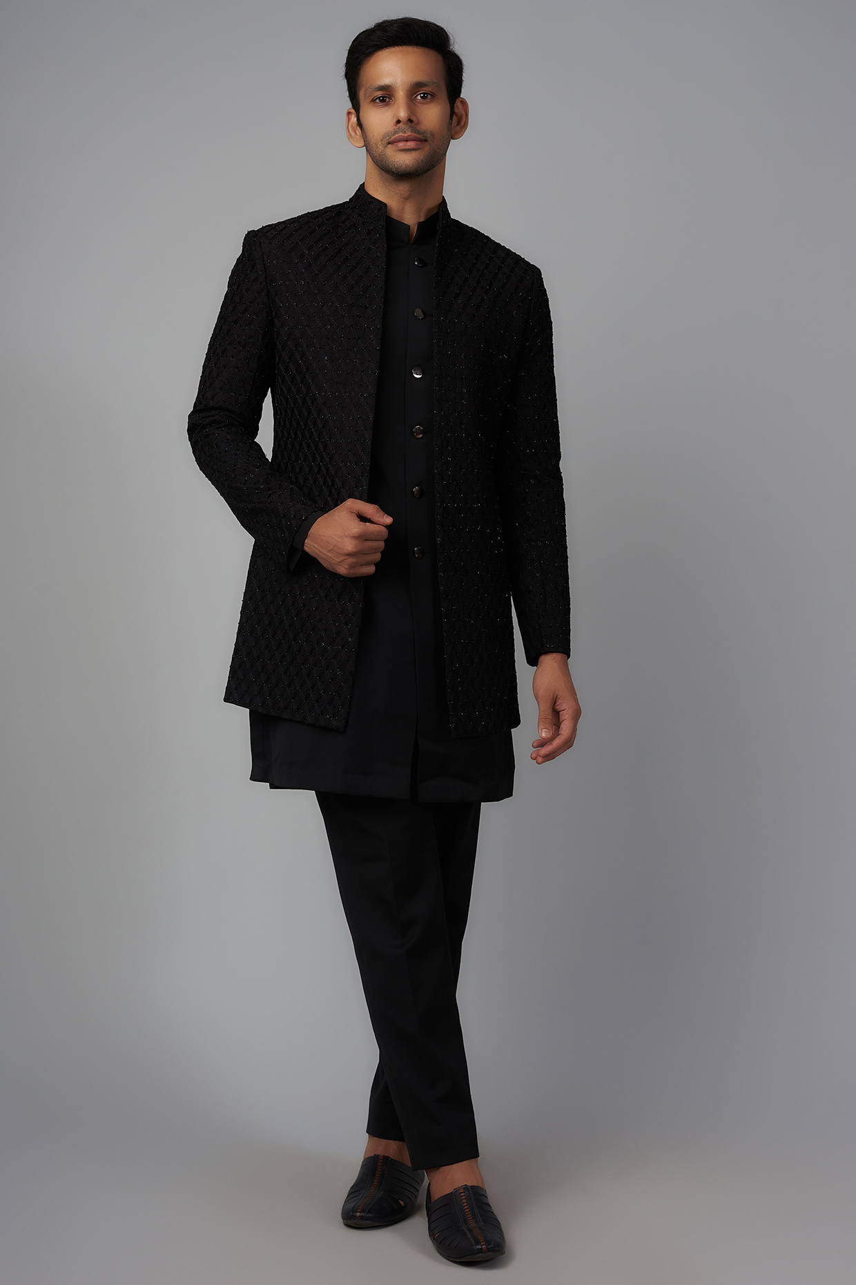 Black Silk Embellished Groom Indowestern Set by Qbik Men at Pernia's Pop Up Shop